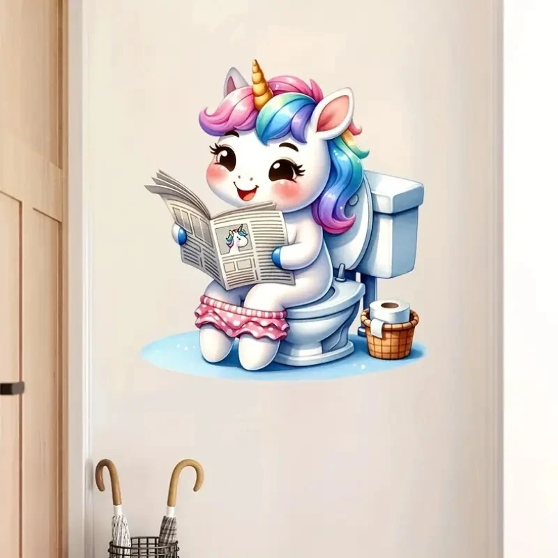 MT1430# Unicorn Reading Newspaper Bathroom Toilet Sticker - Self-Adhesive, Vibrant Colors Art Wall for Home, Door,Toilet