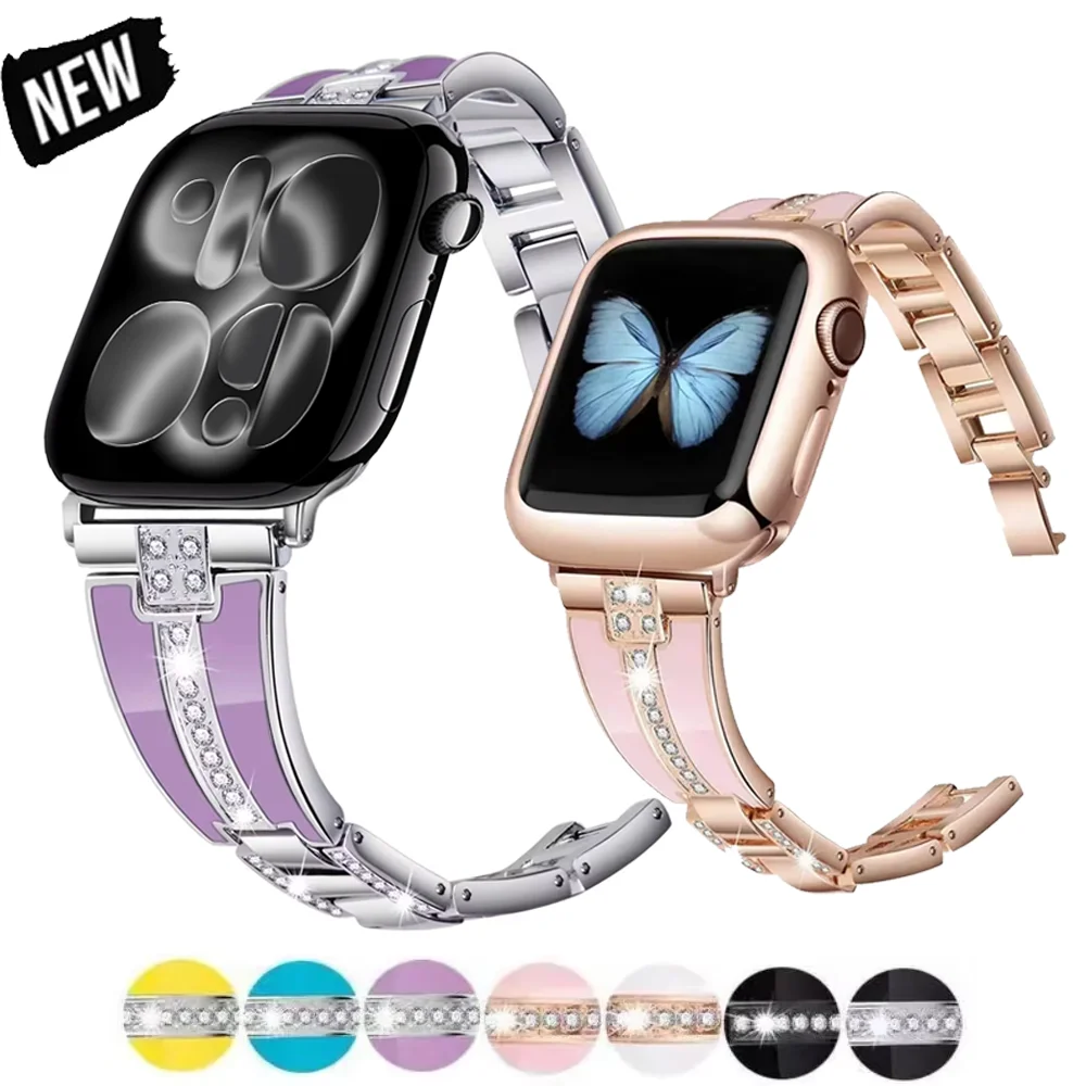 Correa de resina + Metal para Apple Watch 46mm 45mm 44mm 42mm 40mm 41mm 49mm banda de diamante para mujer para iWatch 11 10 9 8 7 6 5 4 SE Correa