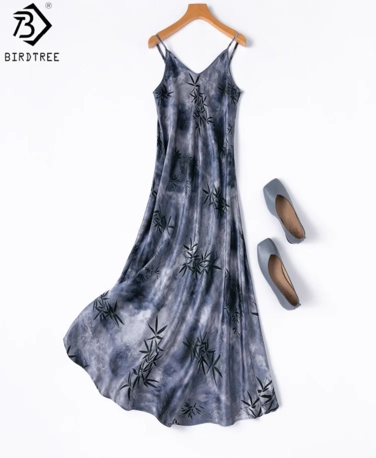 

BirdTree 21MM 100% Mulberry Silk Bias-cut Dress,Jacquard Plain Satin Sleeveless Blue Grey Suspender Dresses, 2025 New D57340JF