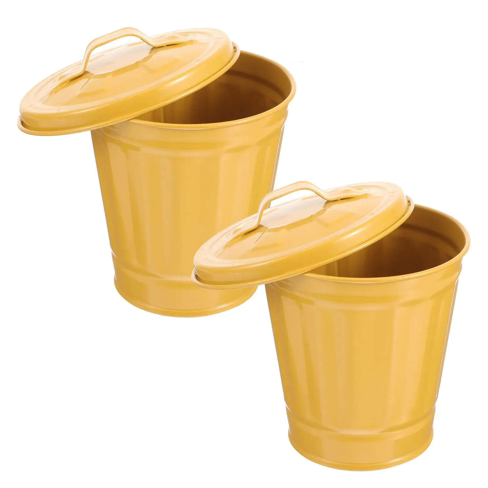 

2 Pcs Garbage Can Trash with Lid Metal Desktop Bucket Container Waste Yellow Convenient Office