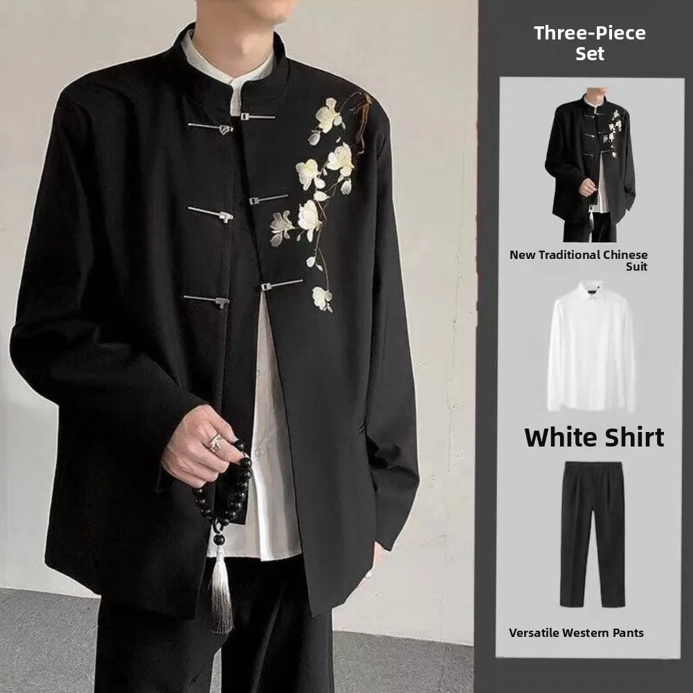 

New Chinese Style Embroidered Peony White Magnolia Suit Jacket Stand Collar Wedding Engagement Men's Fashion Retro Set