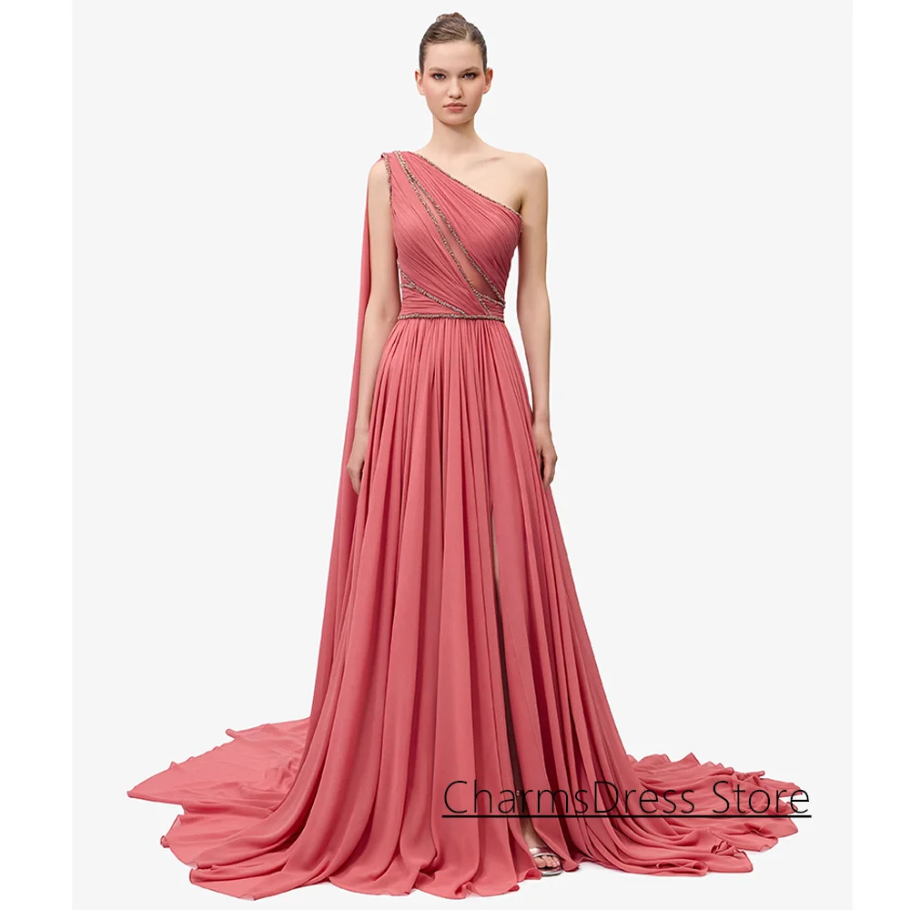 

Sexy Chiffon Prom Dress Customized One Shoulder Sleeveless Ruched Pleat Beading Slit A Line Arabian Evening Party Gown