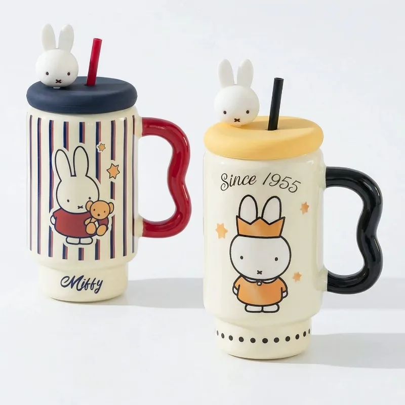 Miffy Kawaii Anime Cartoon Mug with Lid Office Household Use Drinking Glass Ceramic Straw Coffee Exquisite Simple Souvenirs