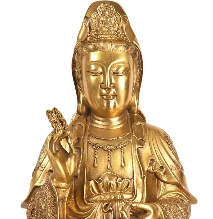 Brass sitting lotus flowers and willow branches giving birth to the Avalokitesvara Bodhisattva Buddha statue. Home furnishing,