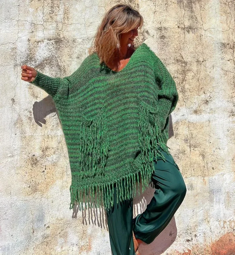 Boho Oversize jesienno-zimowy ciepły sweter sukienki dla kobiet dekolt w serek luźne kieszenie sweter z dzianiny z frędzlami sweter artystyczne