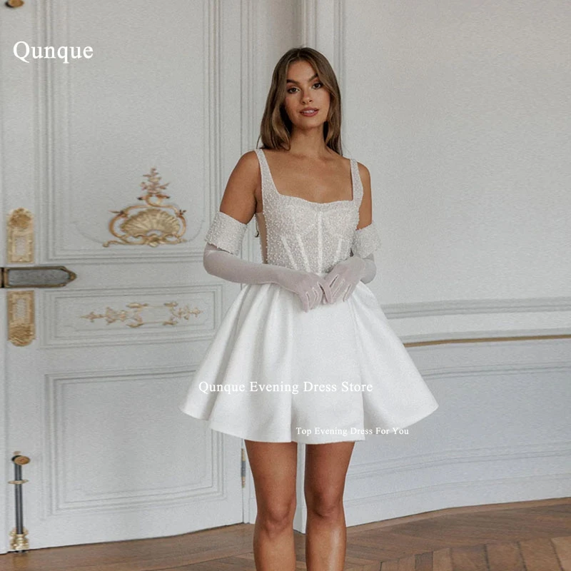 

Qunque Sexy White Beadings Wedding Dress Short Spaghetti Straps Robe De Mariée Lace Up Vestidos De Boda Para Fiestas Customized