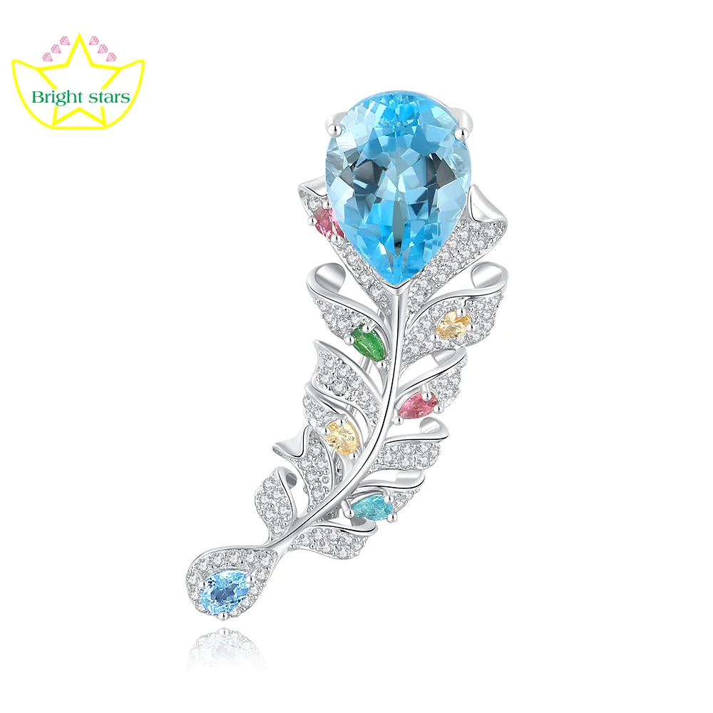 

Bright Stars s925 Sterling silver Sky Blue Topa stone feather brooch upscale women's luxury clothing accessories