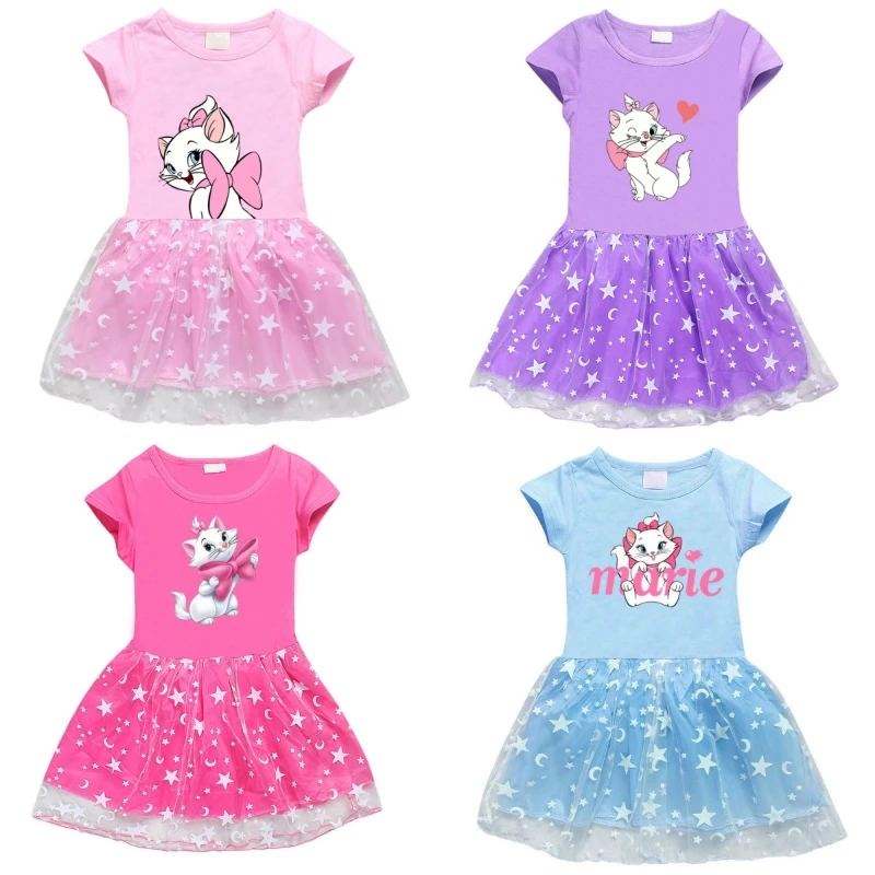 Anime Mary Cat Short Sleeve Dress Cartoon Cute Children's Fashionable Summer Mesh Dress Kawaii Party Princesss Skirt Kids Gift