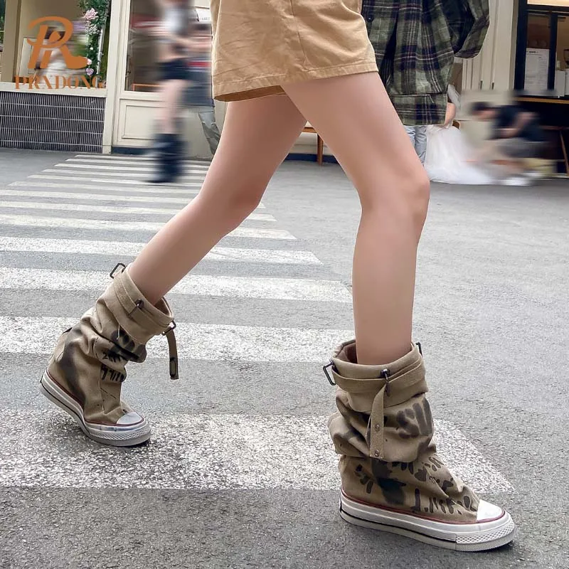 PRXDONG damskie buty 2024 nowa moda jesienna zima buty niskie buty na obcasie Khaki Punk Stykle w stylu Casual, damska do połowy łydki rozmiar butów