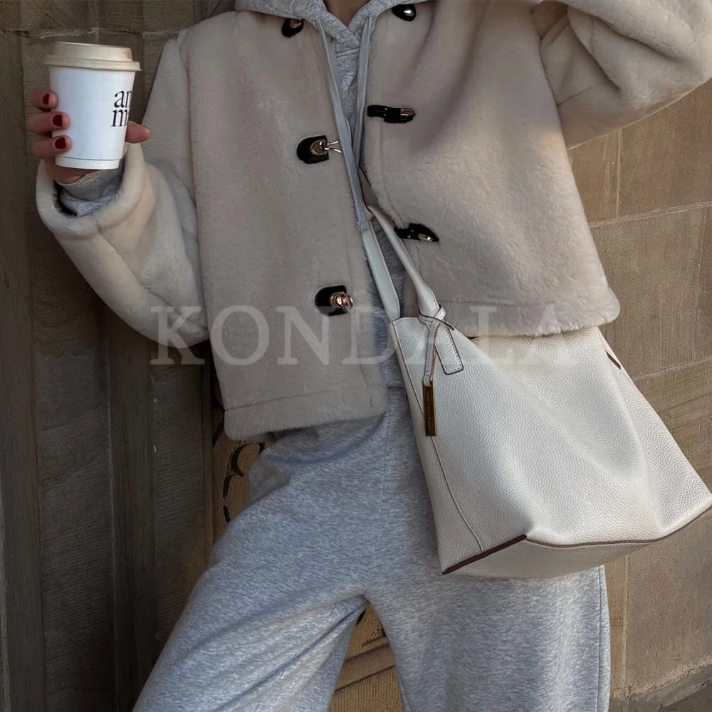 

KONDALA 2025 Fall Winter Streetwear Women Reversible Coats Fashion Elegant Single Breasted Black O Neck Ladies Coats