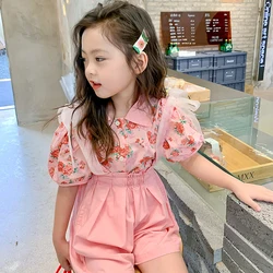 Summer Girls' Clothing Sets Novel Retro Flower Shirt Plus Mesh Suspenders Shorts Fashion Baby Kids Outfit Children Clothes Suits