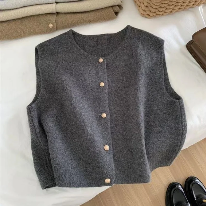 Gentle Style Single Row Small Gold Button Round Neck Knitted Vest Cardigan for Women's Korean Style Sleeveless Camisole Top