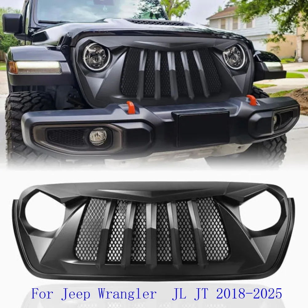 

Матовая черная решетка радиатора для Jeep Wrangler JL JT 2018-2025, модифицированная, новый стиль, сетка для бампера автомобиля