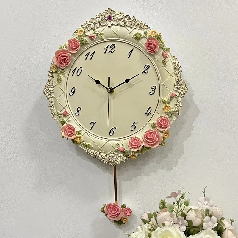 

Septime Pastoral rose wall clock creative three-dimensional resin silent swing clock living room wedding fashion quartz clock