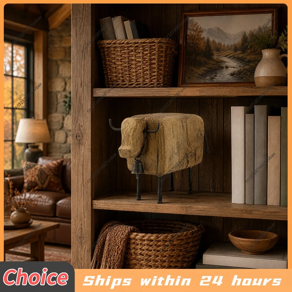 Vintage Longhorn Bull Sculpture Rustic Farmhouse Animal Figurines Western Style Longhorn Cow Sheep Shelf Decor for Table Mantel