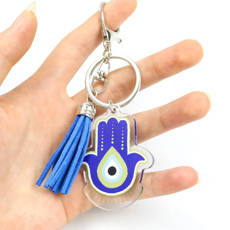 Hamza Hand Fatima Evil Eye Acrylic Keychains Blue Turkish Devil Eye Tassel Pendant Keyrings Amulet Jewelry Car Bag Key Accessory