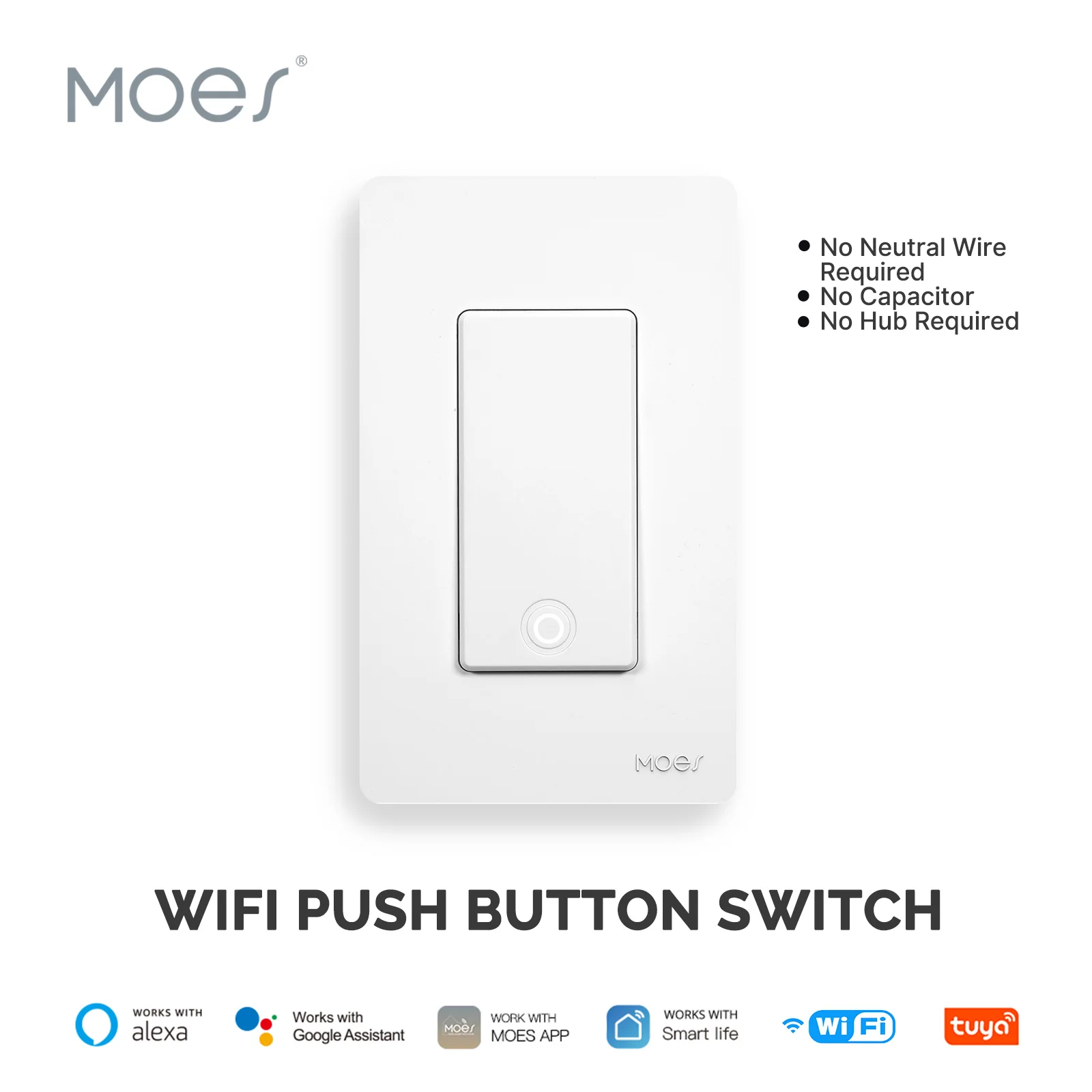 

MOES Smart Light Switch No Neutral Wire Required, No Capacitor and No Hub Required,Wi-Fi Switch Work with Alexa and Google Home