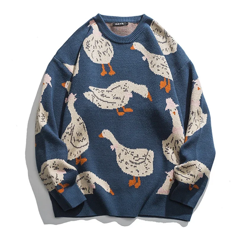 Suéter de punto japonés para hombre, jersey con estampado de dibujos animados de animales, pato, ganso, Harajuku, informal, cuello redondo, Top de