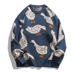 Camisola de malha japonesa dos homens dos desenhos animados animal pato ganso impressão pulôver harajuku casual o-neck oversize topo streetwear unisex queda