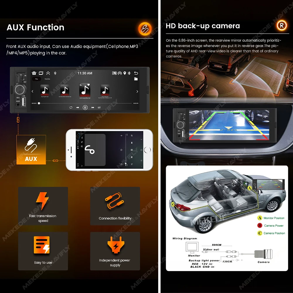 6.86-Inch 1DIN Universal Android 13 Car Radio 2GB+32GB Wireless Carplay Touch Screen Multimedia Video Player Support AUX USB SWC