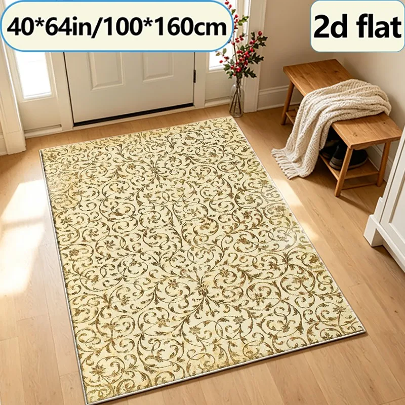 Antique Golden Brocade Floral Carpet, Vintage Baroque Style Carpet, Suitable for Living Room, Bedroom, and Home Interior Decoration