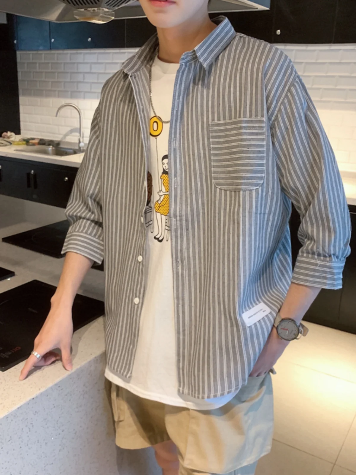 

Men's Casual Striped Shirt Half Sleeve Long Sleeve Summer Outerwear Fashionable Korean Style Couple's Top Youth Popular