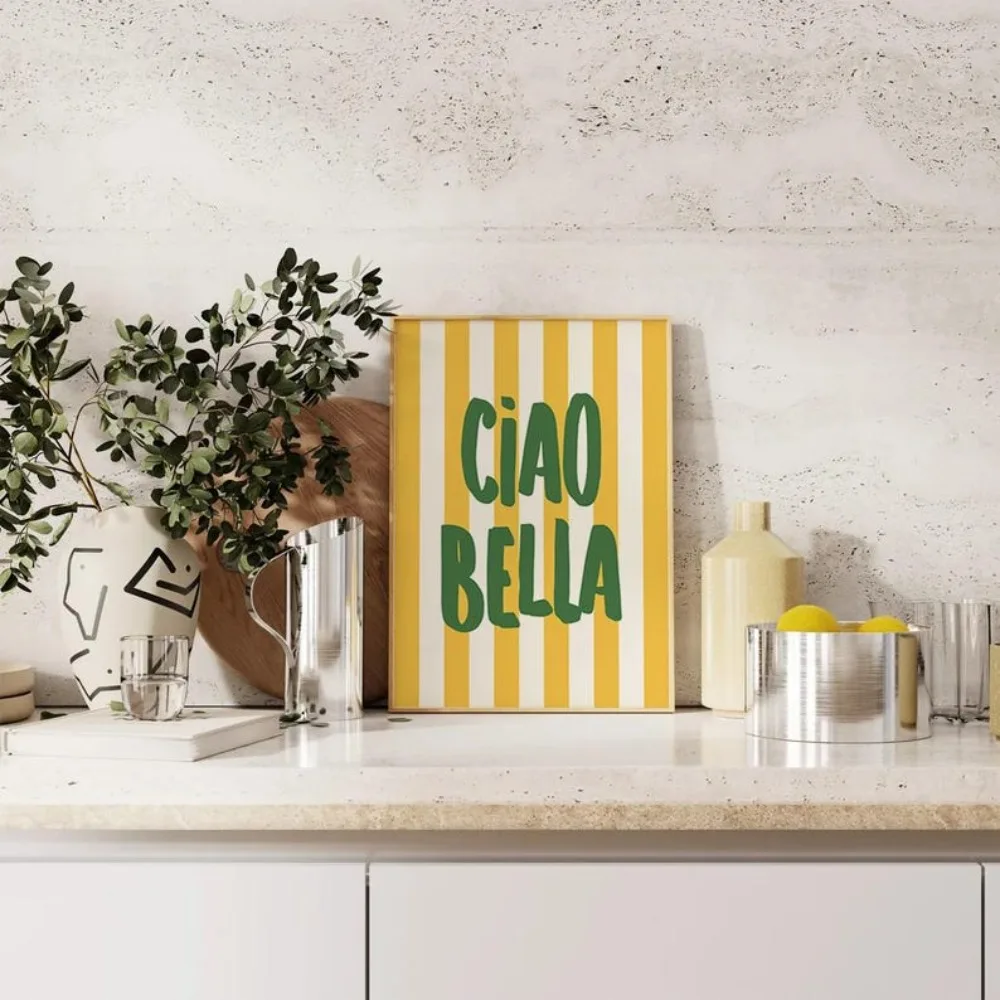 Ciao Bella Poster,Italian Wall Art Print,Green Yellow Printable Quote,Bold Kitchen Decor,Gift for Her,Fun Retro Digital Download