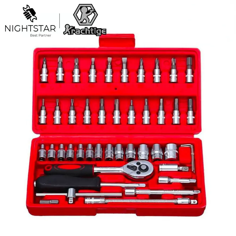 Conjunto de Combinação de Aço Carbono para Reparo Automotivo Chave Soquete Chave Inglesa Chave de Fenda Doméstico Motocicleta 46 Pcs