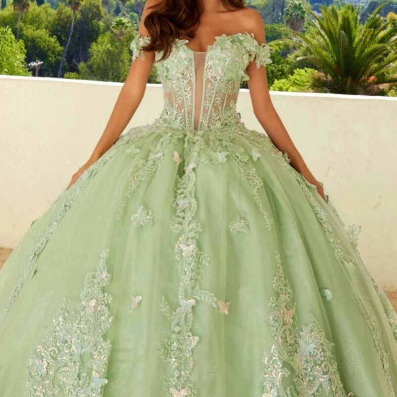 

Mint Green Quinceanera Dress off-shoulder Glitter 3D flower Decal Vestidos De 15 Quinceanera ﻿Customize