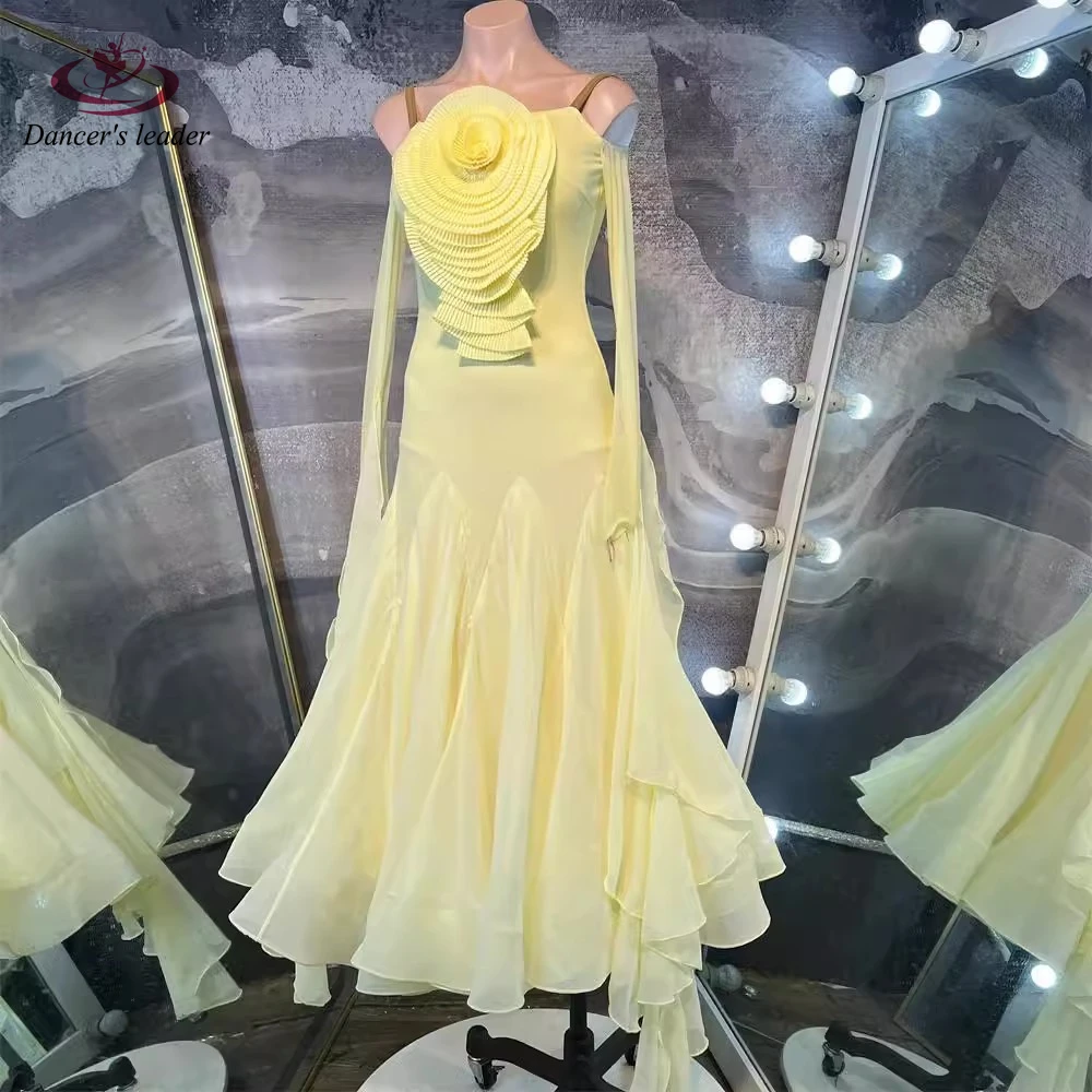 Latin Dance Competition Women's High-end Customized Light Yellow Modern Nude Dress Tango Samba Performance Rhinestone Dress