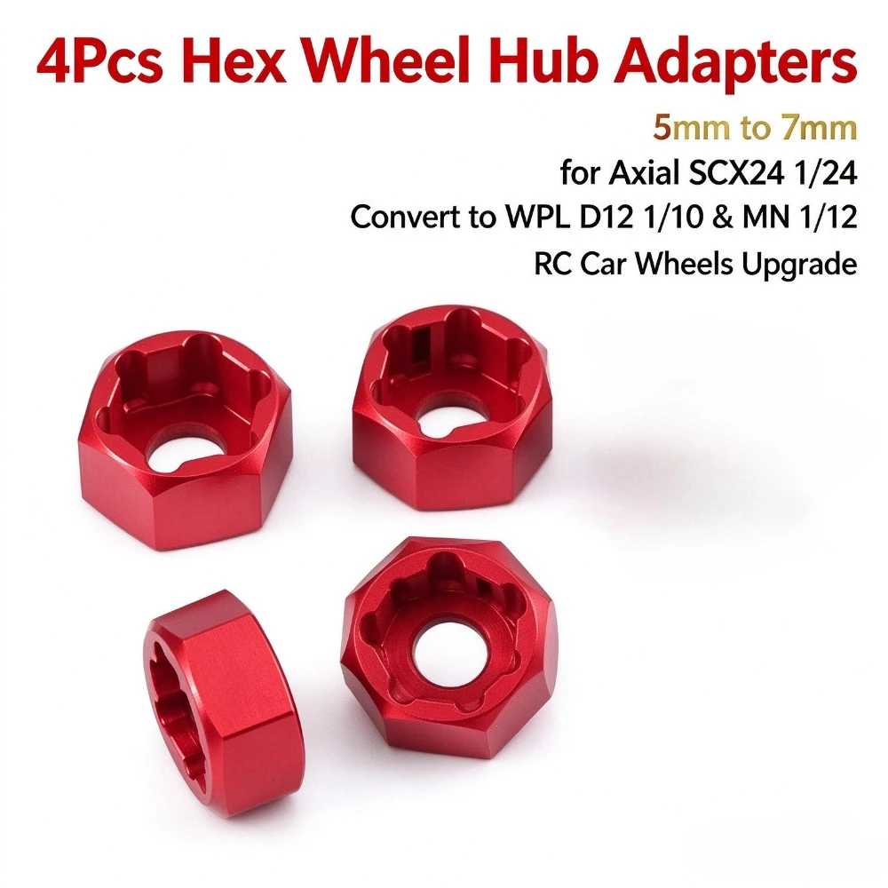 4Pcs 5mm to 7mm Hex Wheel Hub Adapters for Axial SCX24 1/24 – Convert to WPL D12 1/10 MN 1/12 RC Car Wheels Upgrade