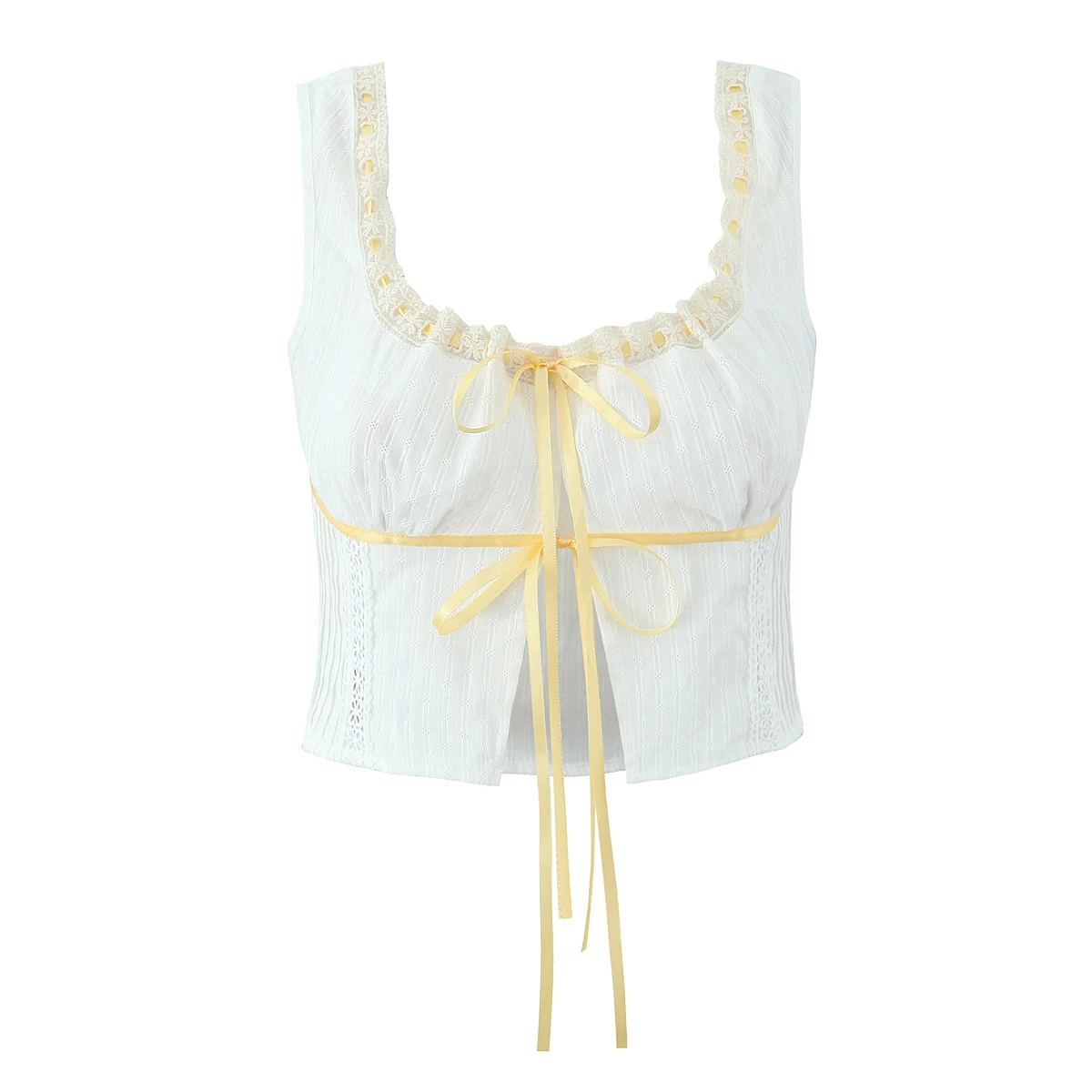 2025 White Spliced Lace Yellow Ribbon Bow Corset Tank Top + Sexy Women Elastic Waist A-line Midi Long Cake Skirt 2 Pieces 1 Set