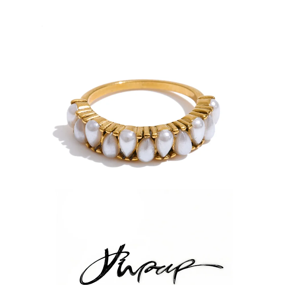 Yhpup Size 678 Stainless Steel Simulated Pearls Golden Finger Ring for Women Elegance Chic Popular Jewelry Gift PVD Plated