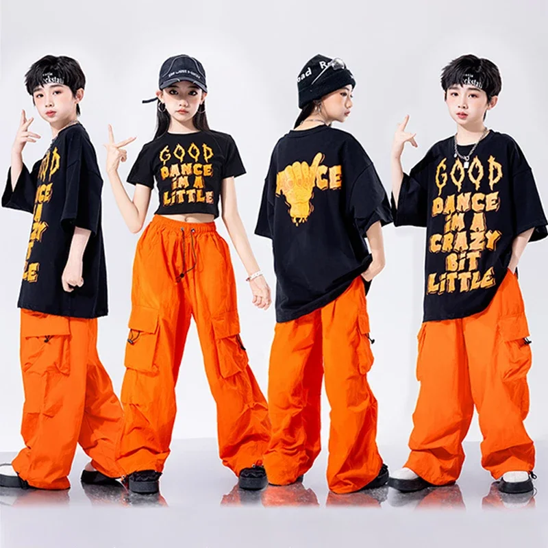 

Jazz Dance Clothes Kids Suit Street Dance Clothing Orange Shuffle Pants Hip Hop Set Performance Wear Cool Streetwear