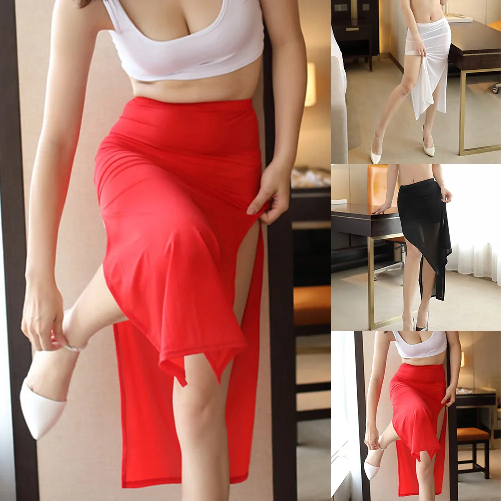 

Сексуальная женская длинная юбка с высоким разрезом, прозрачное нижнее белье, клубная одежда, прозрачный белый, красный, черный, эластичный облегающий костюм с разрезом