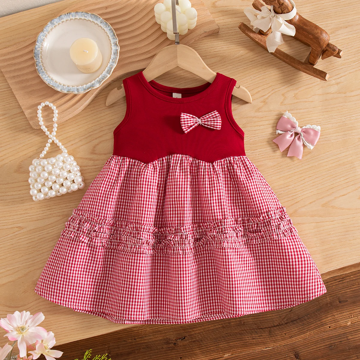 

Summer New Arrival Baby Girl Dress for 0-3 Years Korean Style Bow Red Plaid Sleeveless Dress Birthday Outfit