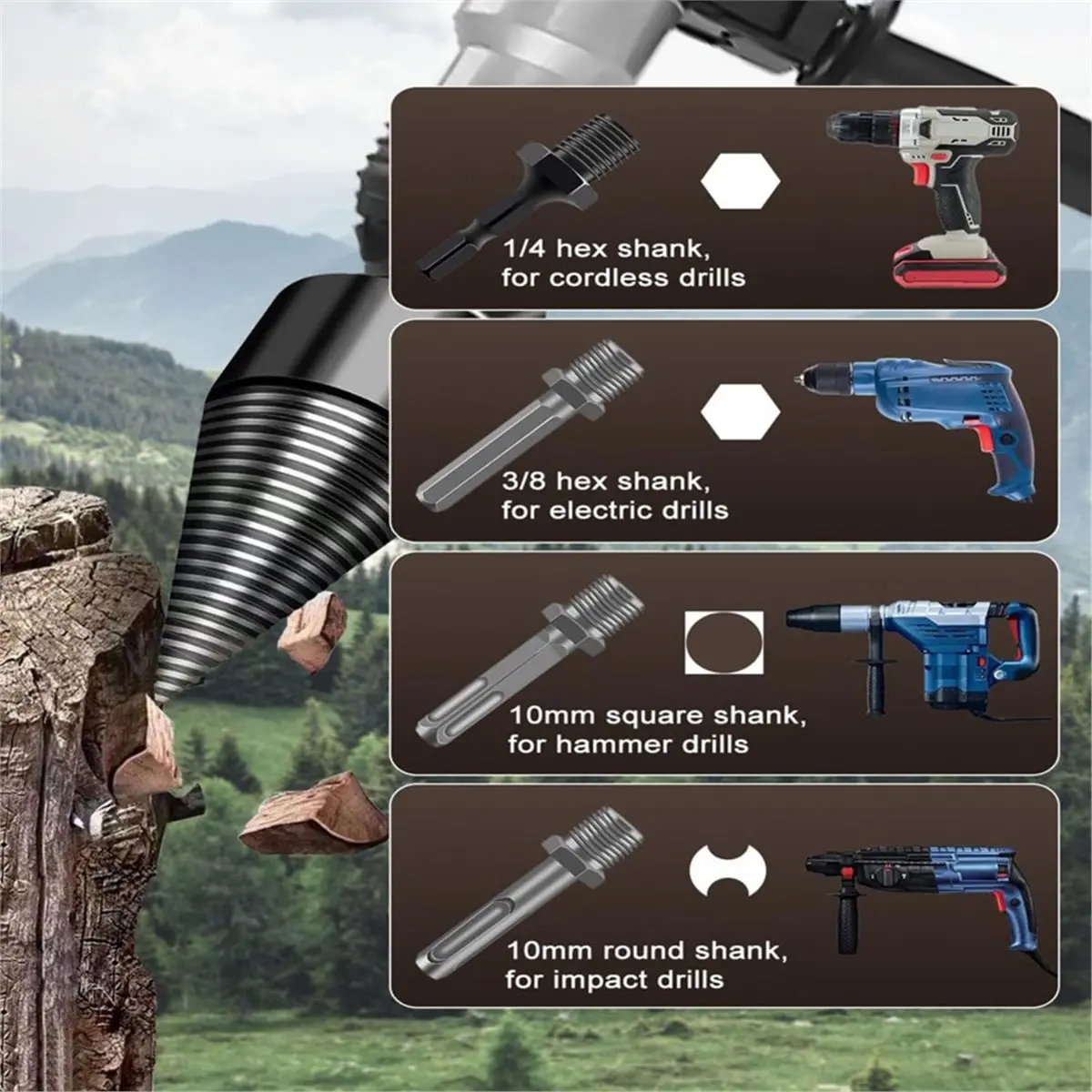 2026 New 6 Pcs Wood Splitter Drill Bits, 50mm+32mm Firewood Log Splitter, Heavy Duty Electric Drill Cone Driver Removable