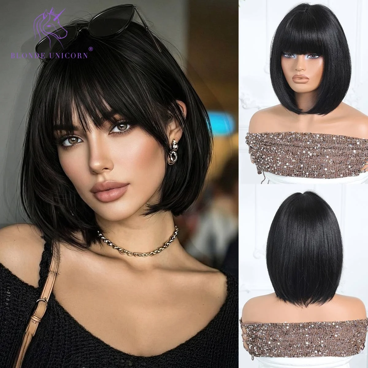 Jet Black Short Straight Bob Wig With Bangs Heat Resistant Synthetic Hair Natural Hairline Wigs for Women Daily Party Halloween