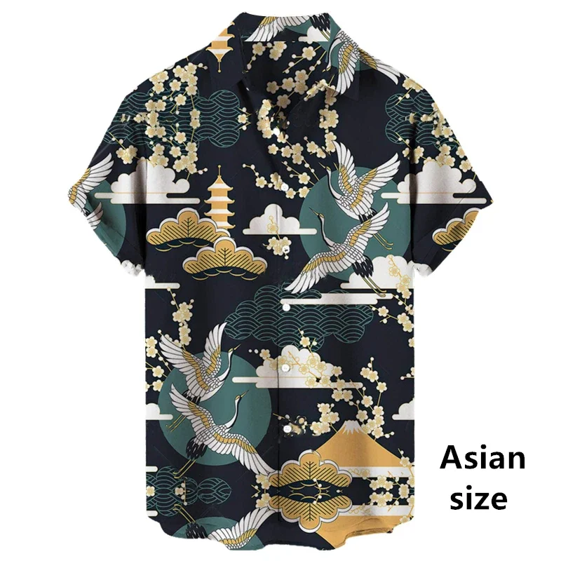 Men's Vintage Japanese Crane Wave Ukiyo-e Print Short Sleeve Button Down Shirt Casual Summer Beach Vacation Tops for Adult Men