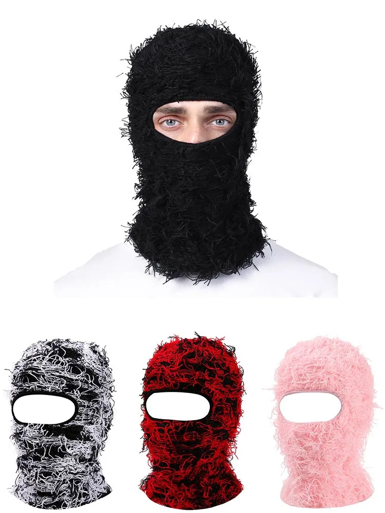 2024 New Hip Hop Balaclava Distressed Knitted Caps Full Face Ski Mask Women Outdoor Camouflage Fuzzy Ski Balaclava Beanies Hat