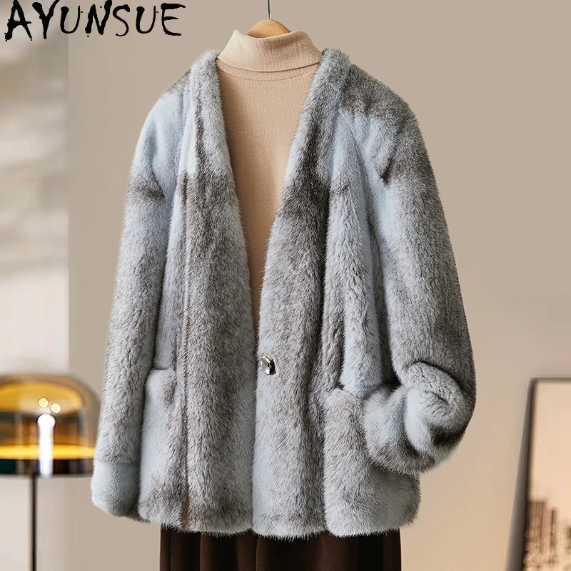

AYUNSUE Corss Mink Fur Coat Women Clothes Fashion Luxury Real Fur Coats Natural Whole Mink Winter Jacke V-neck Шуба Женская