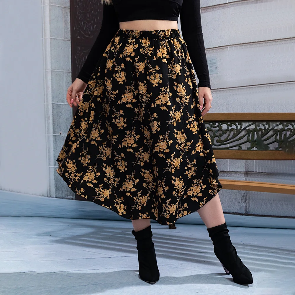 

Large Size Women's Versatile Commuting Style Half Skirt with Autumn and Winter High Waist and Drooping Feeling, Floral A-line