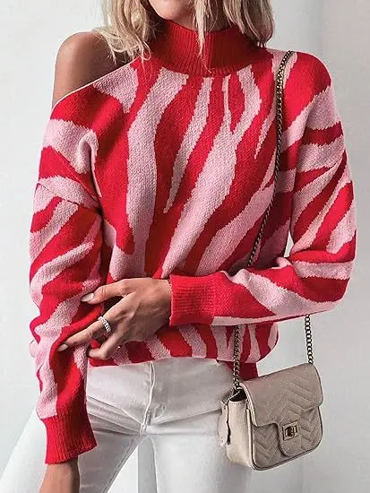 Women's Long-sleeved Sweater Autumn Winter Zebra Print Cut-out Shoulders Slightly Pullover Knit Casual Elegant High Neck Loose