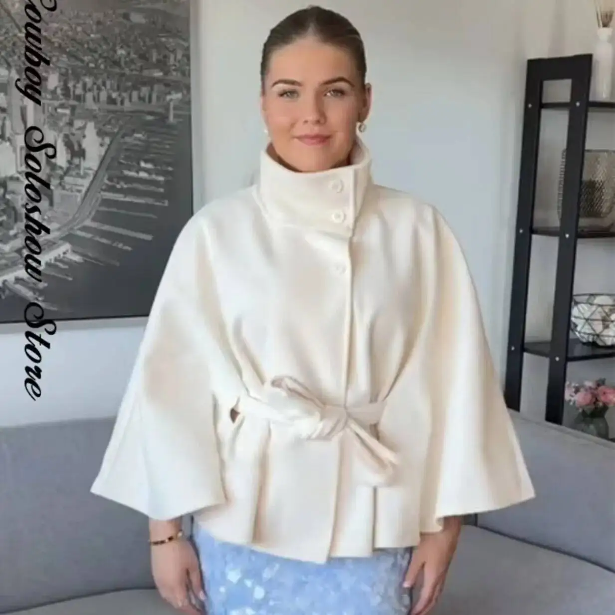 معطف نسائي فضفاض بياقة واقفة مع حزام #5