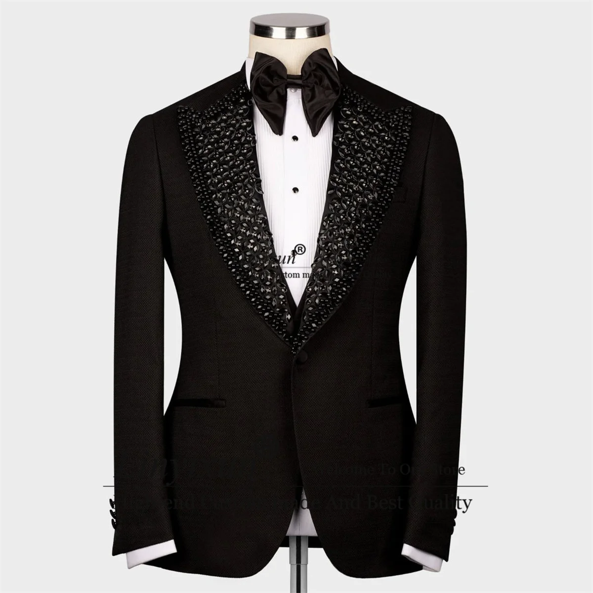 

Black Jeweled Peak Lapel Men Suits Luxury Beaded Groom Wedding Tuxedos 3 Pieces Sets Dinner Prom Blazers Slim Fit Costume Homme