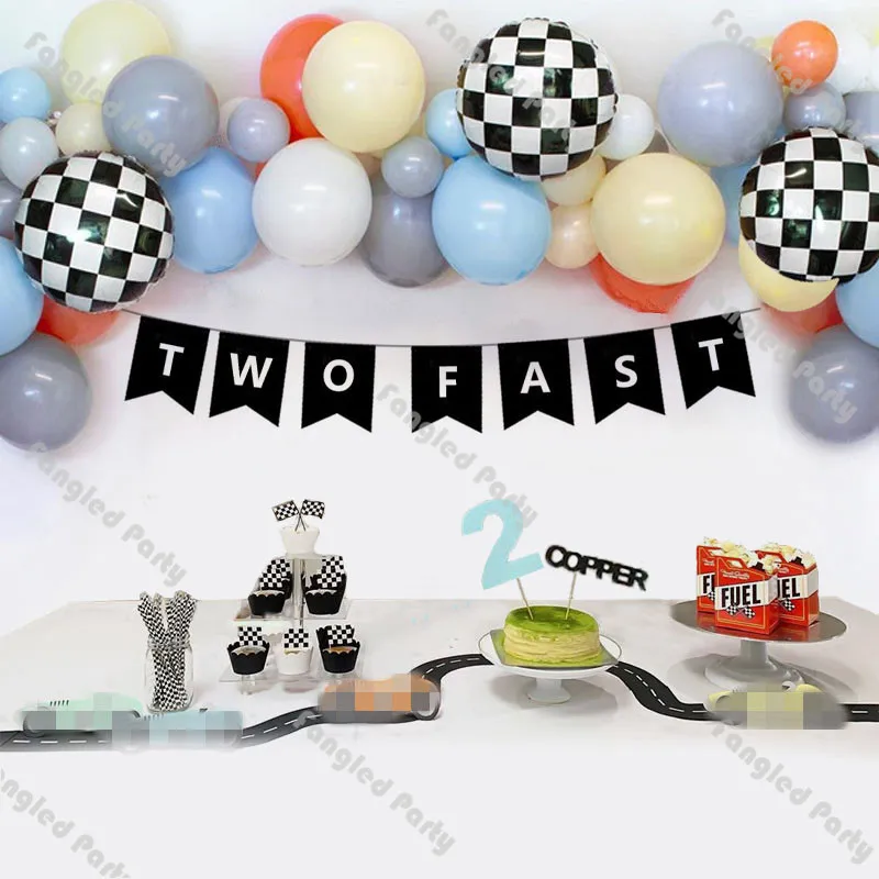 69pcs Race Car Balloon Garland Two Fast/Vroom! First/2nd Themed Party Decor Supplies Racing Car Flag Banner Checkered Balloons