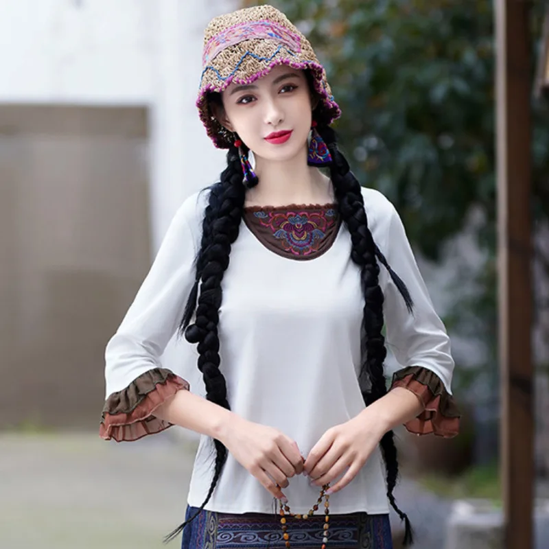 

Spring Summer New National Style Women Embroidery T-shirt Vintage Chinese White Pullover Ruffles Black Top Loose Bottoming Shirt