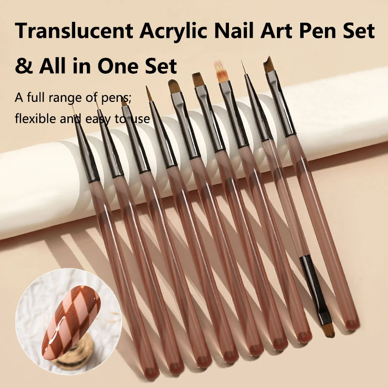 9PCS UV Gel Acrylic Nail Brush Set Professional Nail Art Brushes for Extension 3D Carving Manicure Salon Home DIY Tools