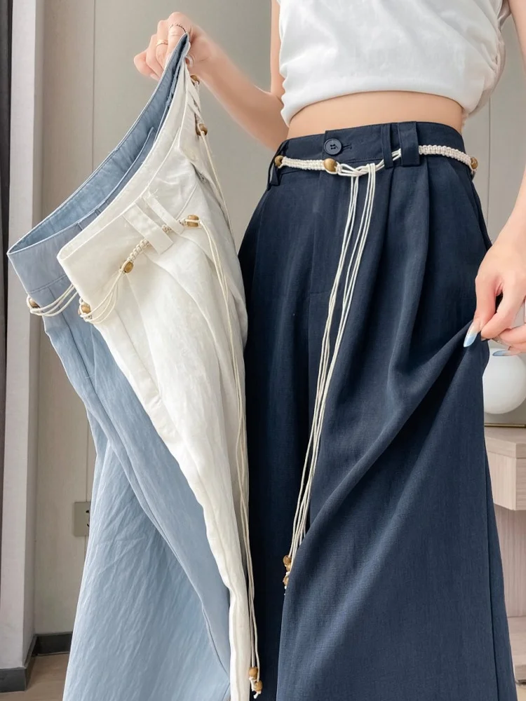 Summer Thin Linen Wide Leg Pants Women's High Waist Drapey Slimming Casual Straight Leg Suit Pants Ice Silk Cotton Linen