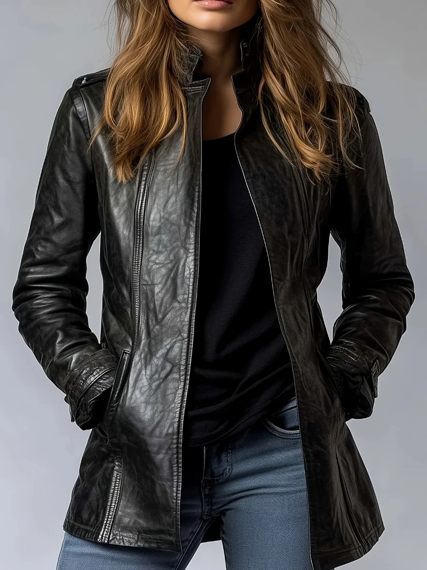 Women Mid‑Length Faux Leather Jacket 2026 Autumn Stand Collar Zip Up Slim Fit Biker PU Coat With Shoulder Straps
